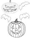 Two Halloween pumpkins and three bats make up this spooky Halloween colouring page that you can colour, cut and paste to make your own cards!